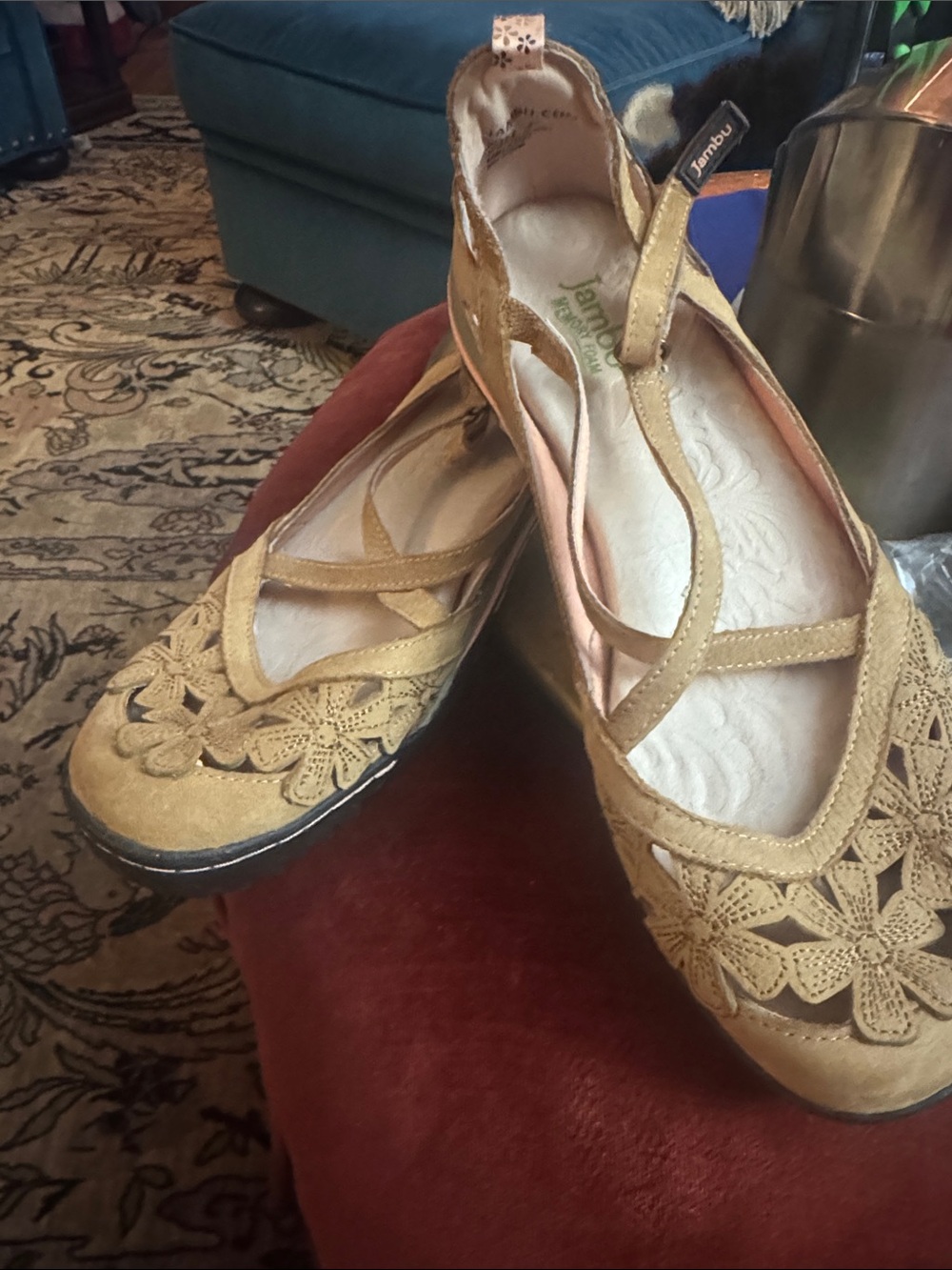 Jambu Women's Tan Floral Laser-Cut Mary Jane Flats with Crisscross Straps